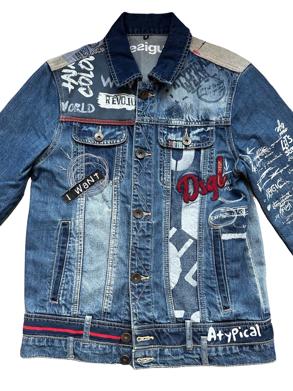 Desigual Blue Denim Patchwork Embroidered Jacket Small